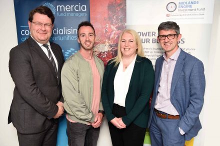 from left to right, Lewis Stringer of the British Business Bank, Alex Booth, CEO of Transaction Technologies, Sandy Reid of Mercia and Mark Payton, CEO of Mercia.