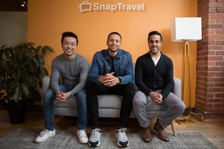 Investor and NBA Player Stephen Curry with SnapTravel Co-founders Henry Shi & Hussein Fazal Photo credit: David Spowart at Lost Forest Media
