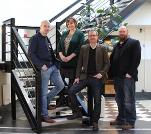 Pictured l-r: Lee Skillen, Cloudsmith CTO, Audrey Osborne, Techstart Ventures, Peter Lorimer, Cloudsmith CCO and Alan Carson, Cloudsmith CEO