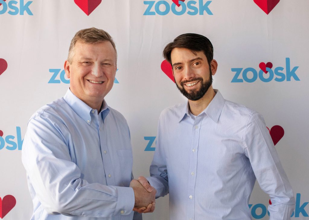 Jeronimo Folgueira (right), CEO of Spark Networks, confirms the acquisition with Steven McArthur (left), outgoing CEO of Zoosk, Inc (Photo: Business Wire)