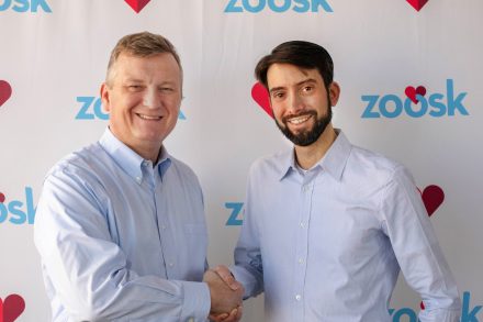 Jeronimo Folgueira (right), CEO of Spark Networks, confirms the acquisition with Steven McArthur (left), outgoing CEO of Zoosk, Inc (Photo: Business Wire)