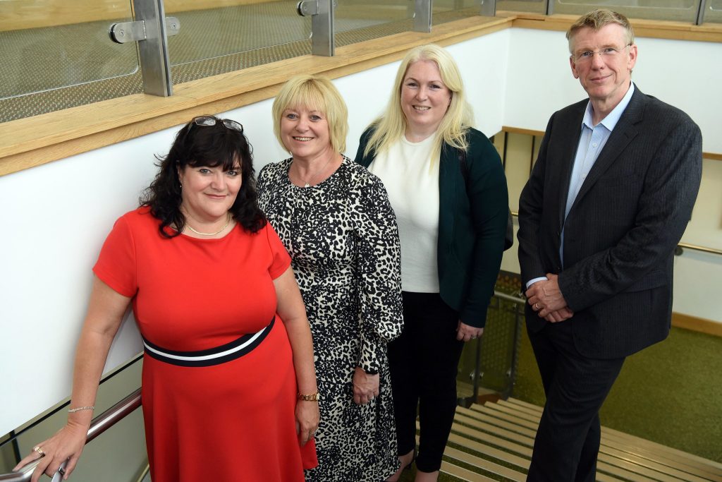 from left, Leanne Bonner-Cooke MBE and Colette Wyatt of e-Bate with Sandy Reid of Mercia and Ken Cooper of the British Business Bank.
