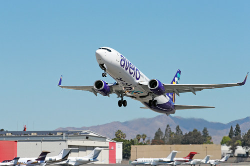 BURBANK, CALIFORNIA - APRIL 28: Avelo Airlines takes off with first flight between Burbank and Santa Rosa at Hollywood Burbank Airport on April 28, 2021 in Burbank, California. (Photo by Joe Scarnici/Getty Images for Avelo Air)